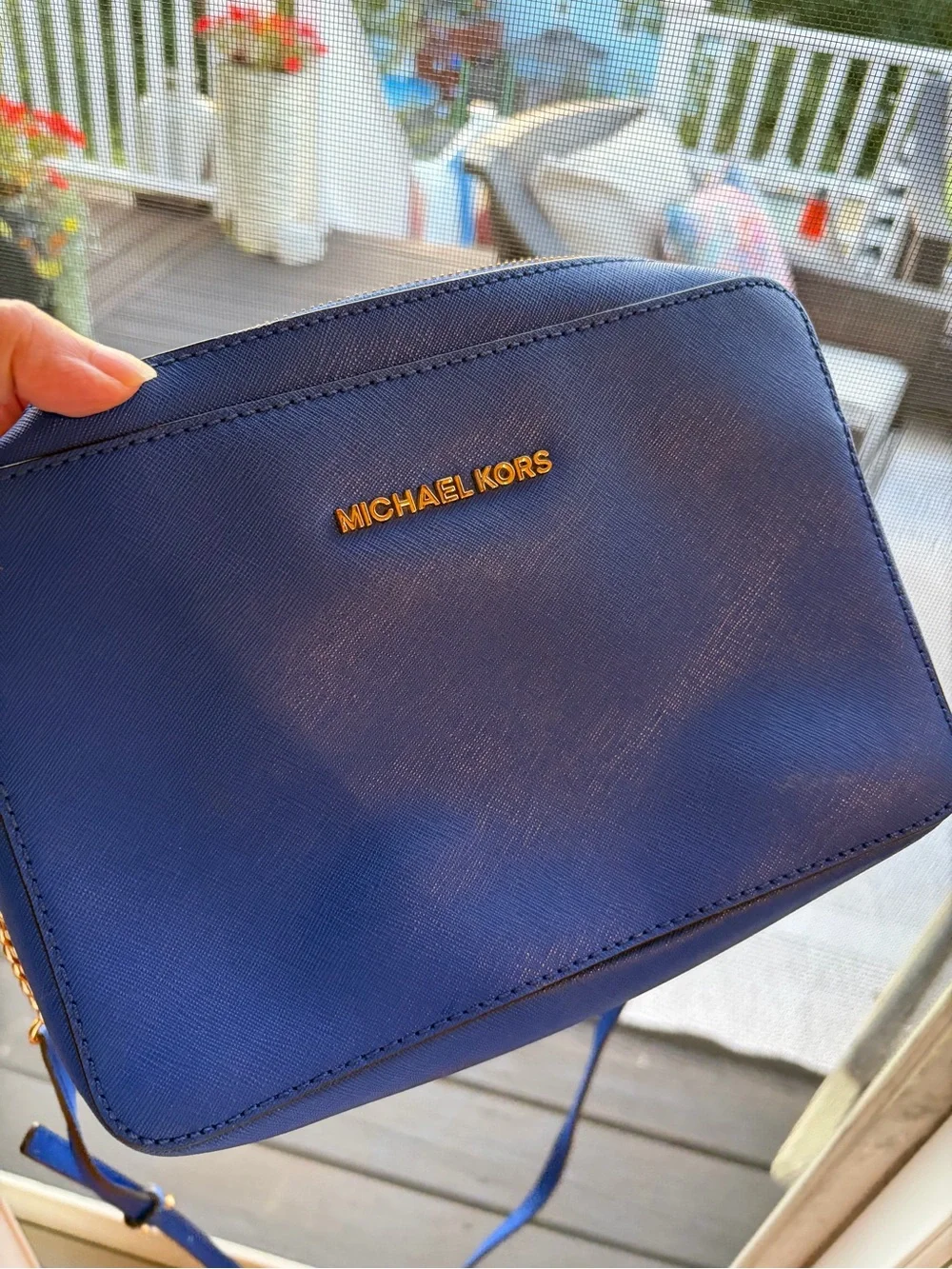 Michael Kors womans Cobalt Blue Saffiano purse with Rose Gold Logo